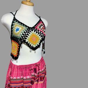 Women's multi Halter V-Neck Tie-Up Tassel Sleeveless Backless Crop-top